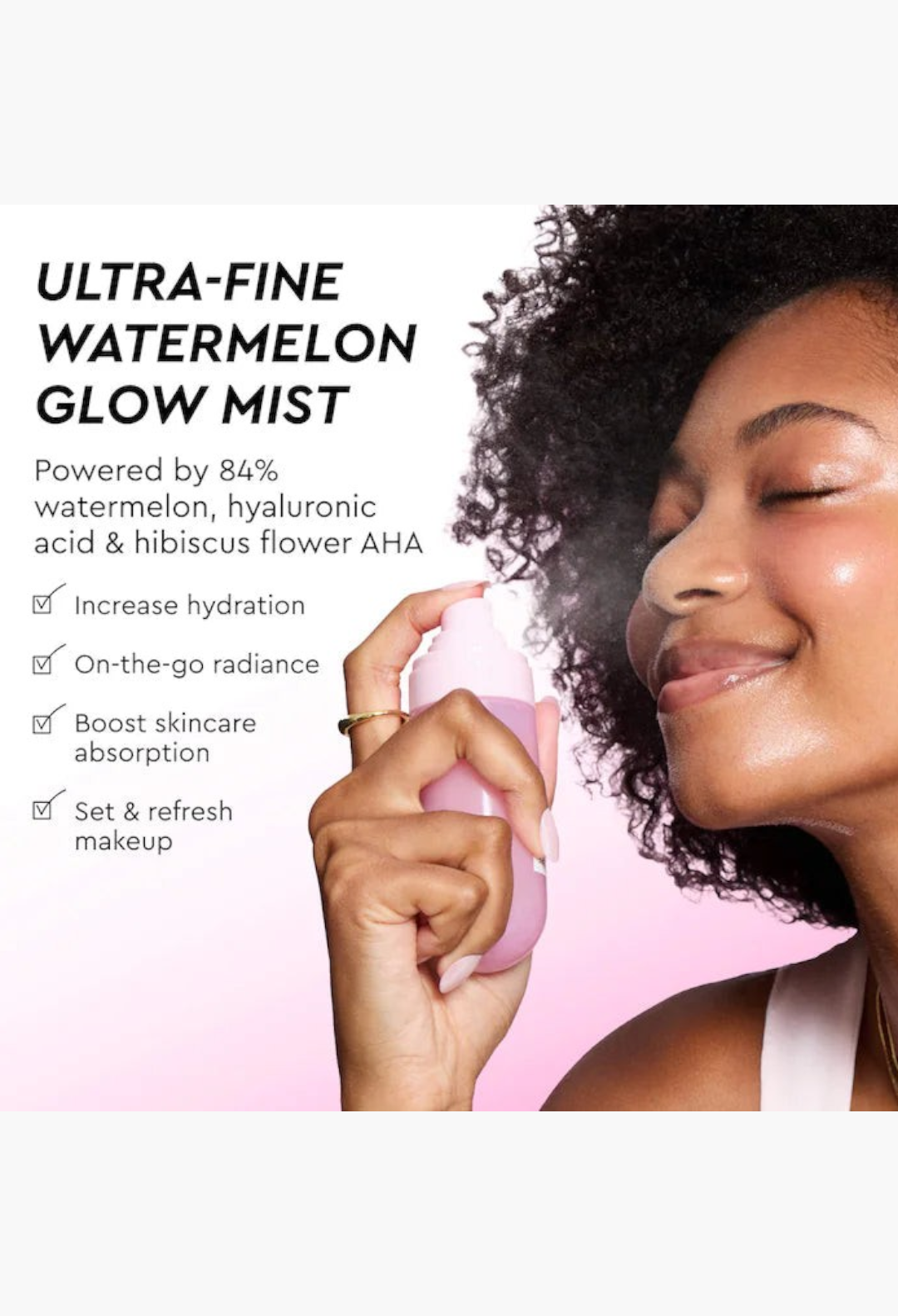 GLAM MODA model misting her face with Glow Recipe Watermelon Glow Ultra-Fine Mist for a radiant, hydrated complexion.
