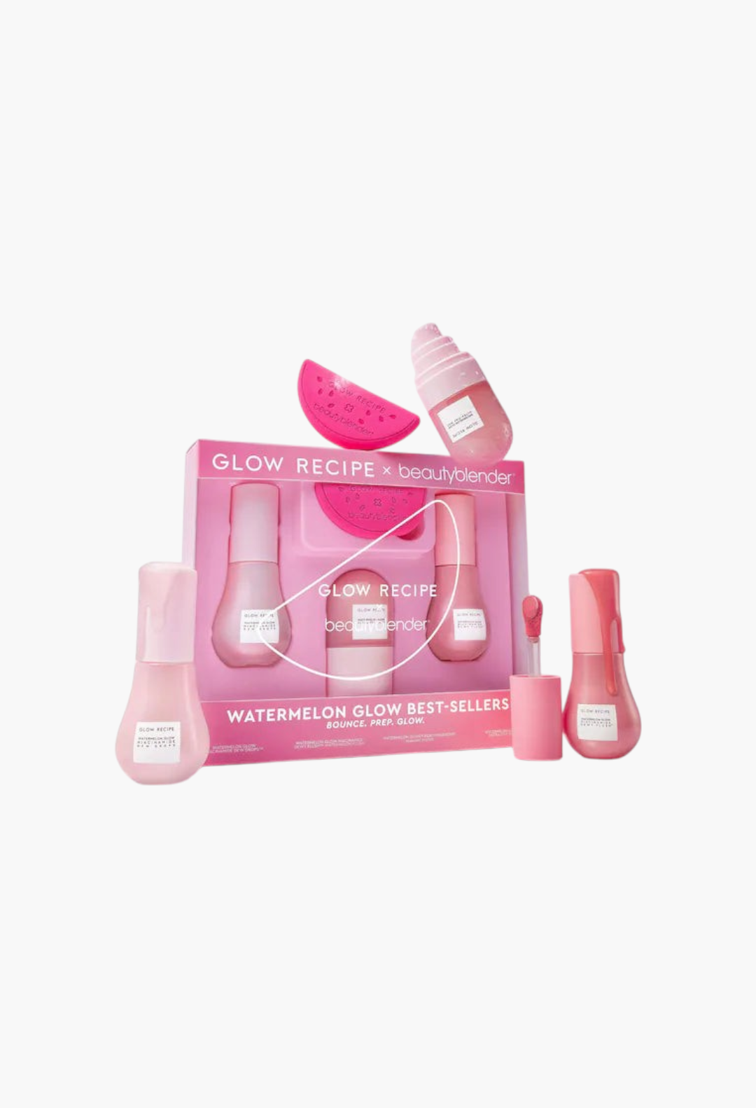 GLAM MODA Glow Recipe x Beautyblender Watermelon Glow prep set with serums, mist, and a watermelon-shaped sponge.