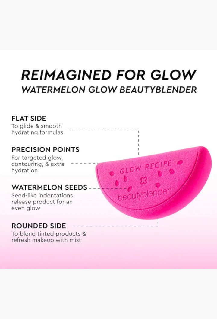 GLAM MODA Watermelon Glow Beautyblender sponge in bright pink with seed-like indentations and labeled design features.