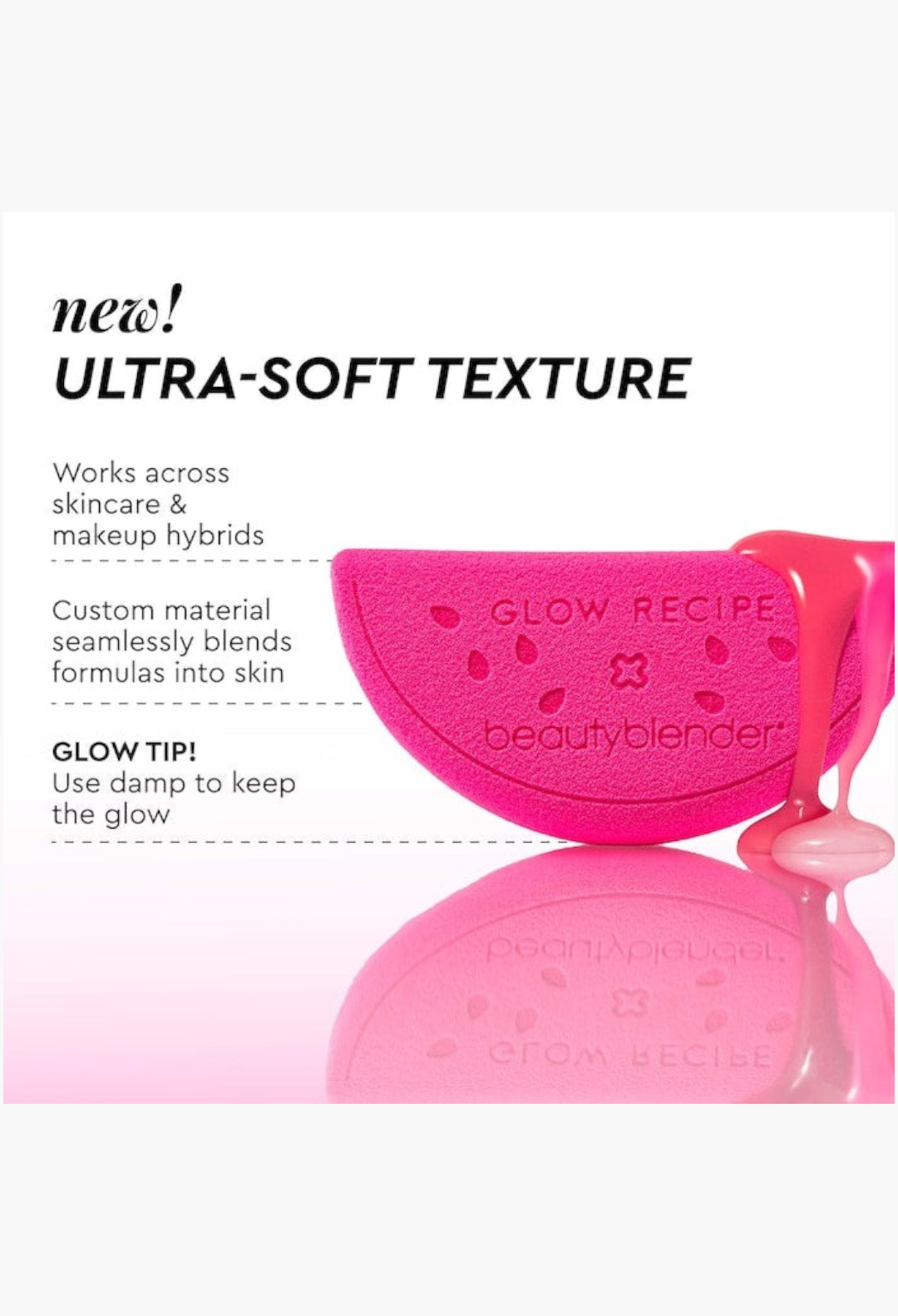 GLAM MODA Glow Recipe x Beautyblender watermelon-shaped pink makeup sponge with ultra-soft texture for skincare application