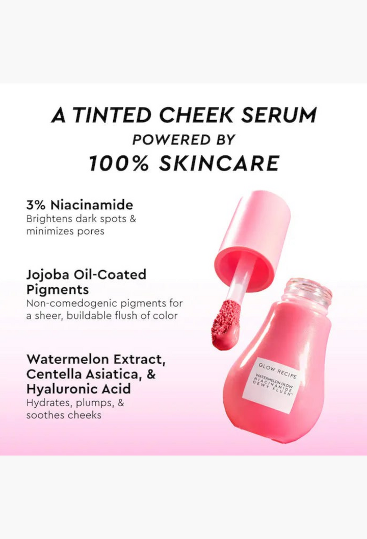 GLAM MODA Glow Recipe Watermelon Glow Niacinamide Dewy Flush cheek serum bottle with applicator and ingredient text