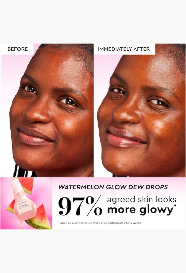 GLAM MODA before and after results of Glow Recipe Watermelon Glow Dew Drops showing glowing, hydrated skin