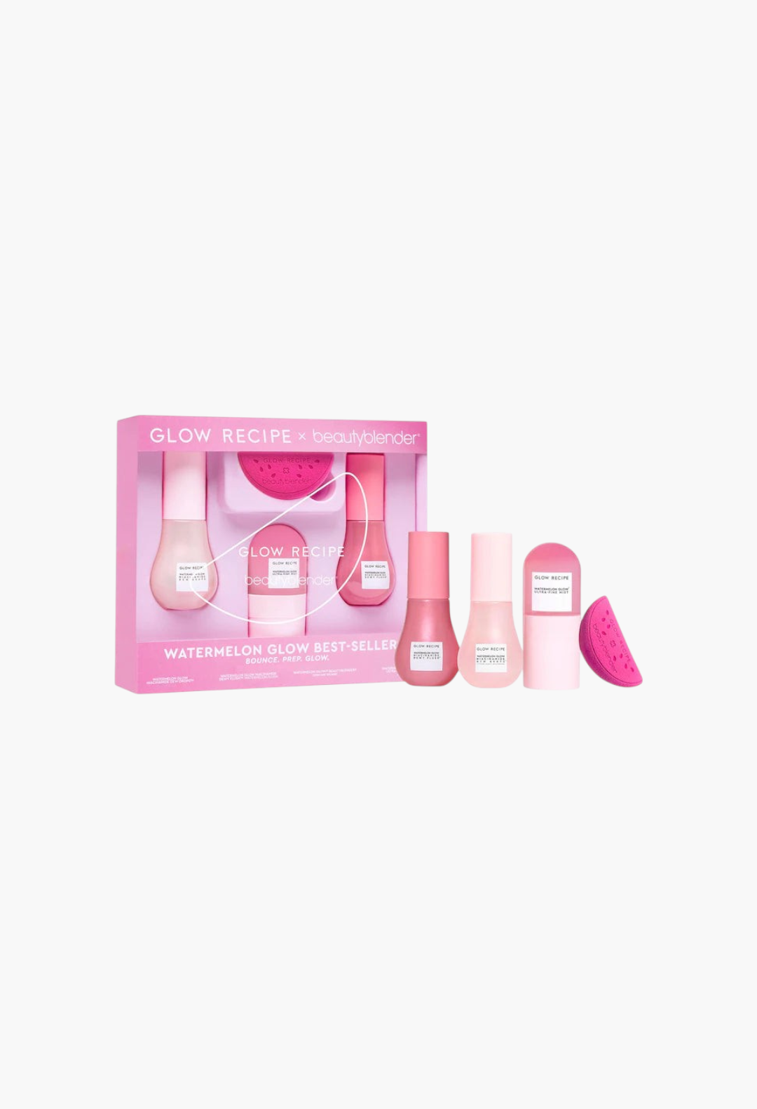 GLAM MODA Glow Recipe X Beautyblender watermelon skincare set featuring serums, mist, and a pink makeup sponge.
