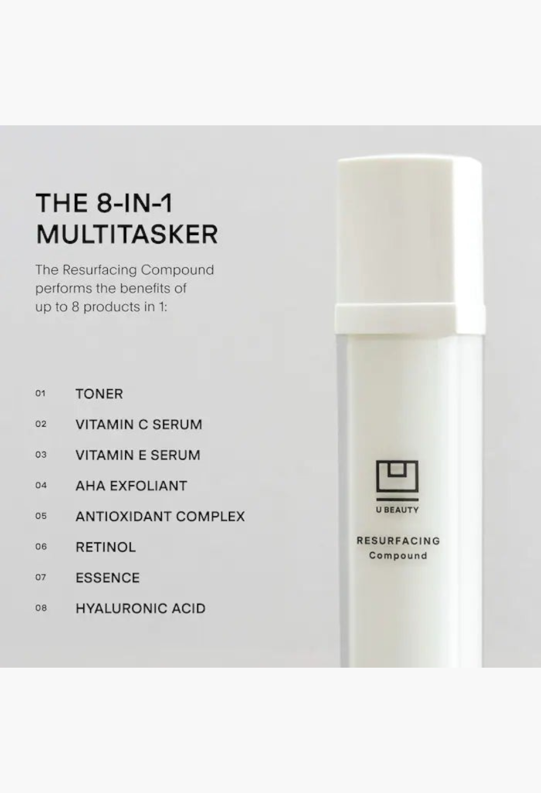 GLAM MODA U Beauty Resurfacing Compound serum bottle with 8-in-1 multitasking skincare benefits listed on white background