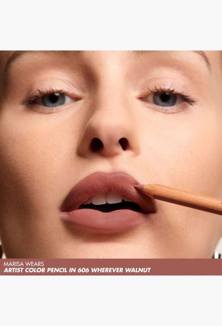 GLAM MODA model applying Wherever Walnut Artist Color Pencil to define lips for a natural matte finish