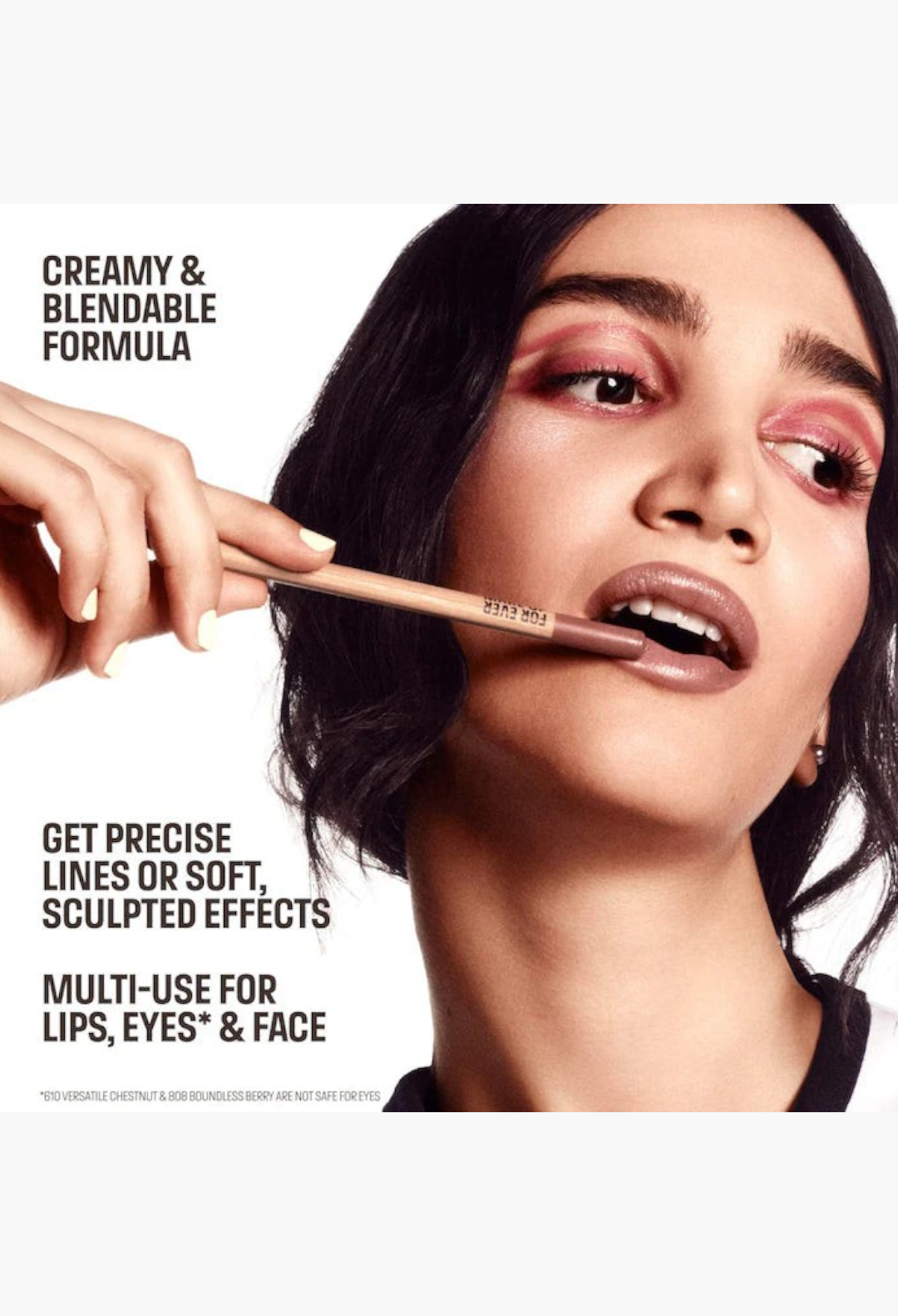 GLAM MODA model applying a creamy brown lip pencil to define lips, featuring a natural makeup look with glossy finish.