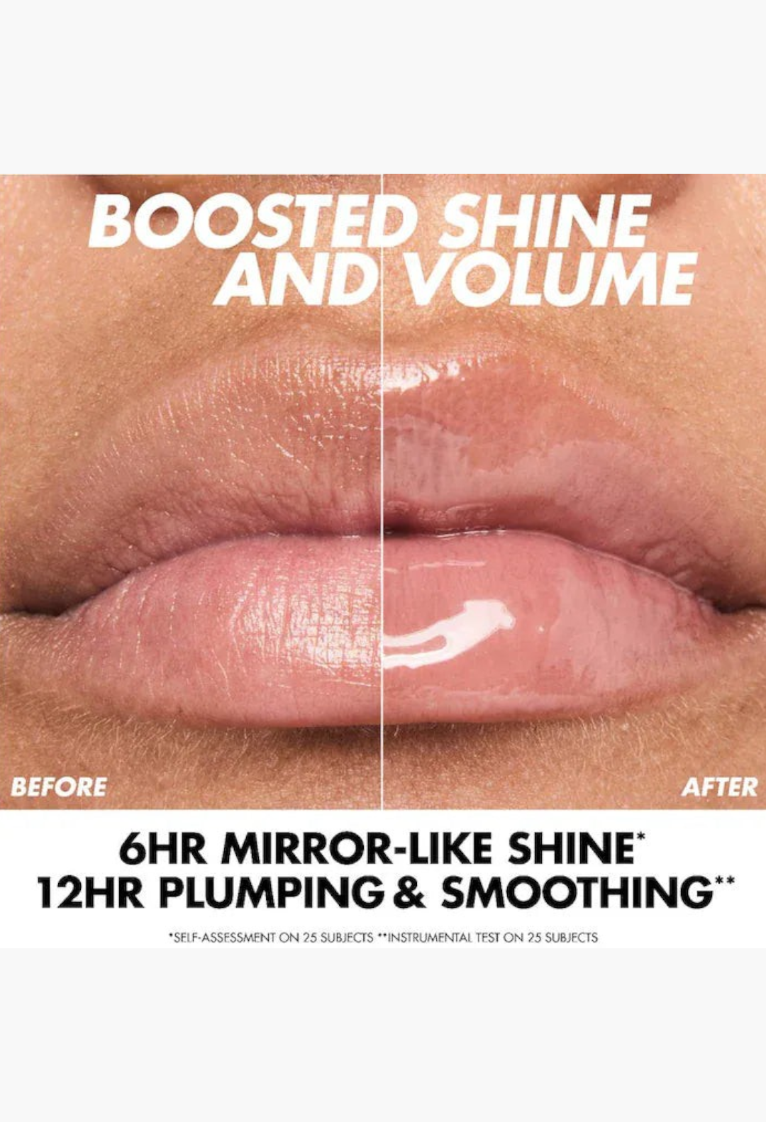 GLAM MODA lip before and after comparison showing natural lips versus lips with high-shine volumizing gloss.