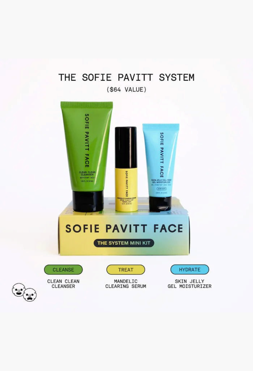 GLAM MODA SOFIE PAVITT FACE 3-step acne-safe skincare mini kit featuring cleanser, mandelic serum, and gel moisturizer