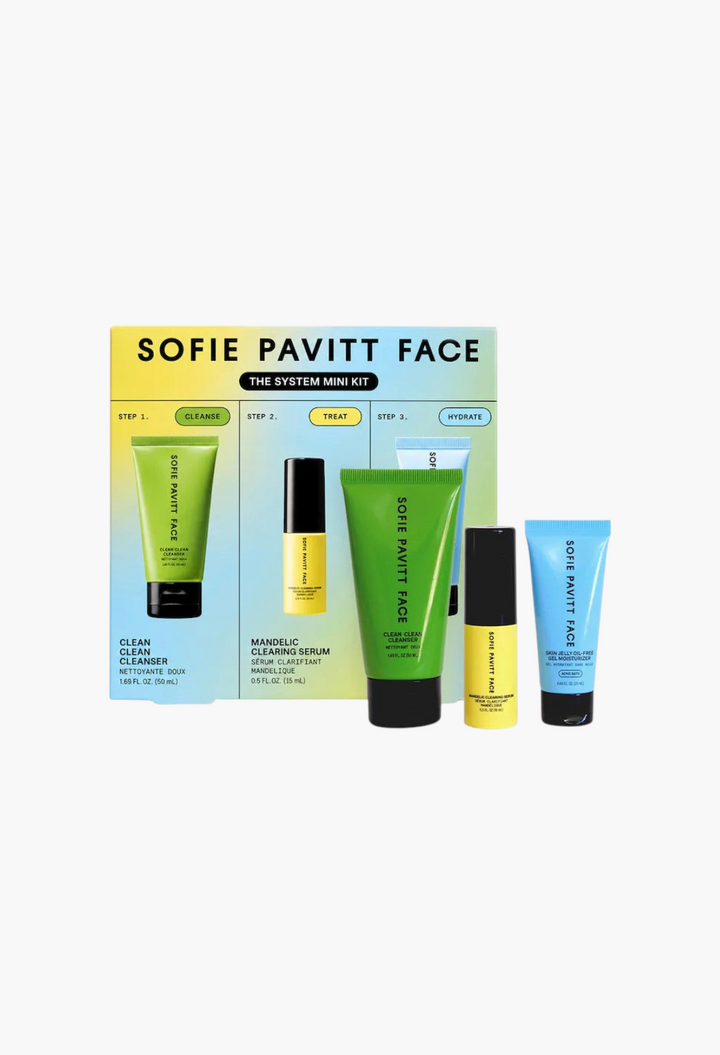 GLAM MODA SOFIE PAVITT FACE 3-step acne-safe skincare mini kit featuring cleanser, mandelic acid serum, and gel moisturizer
