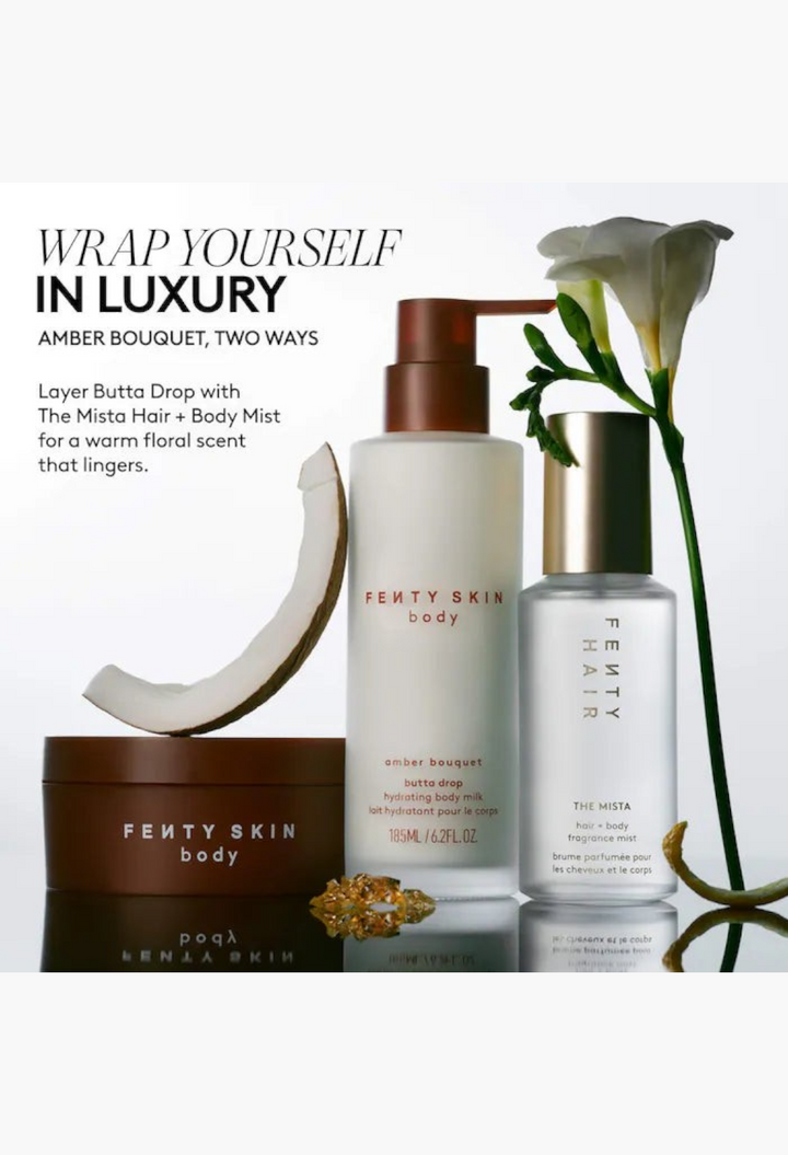 GLAM MODA Fenty Skin Butta Drop body milk and hair mist set with coconut slice and white orchid flower