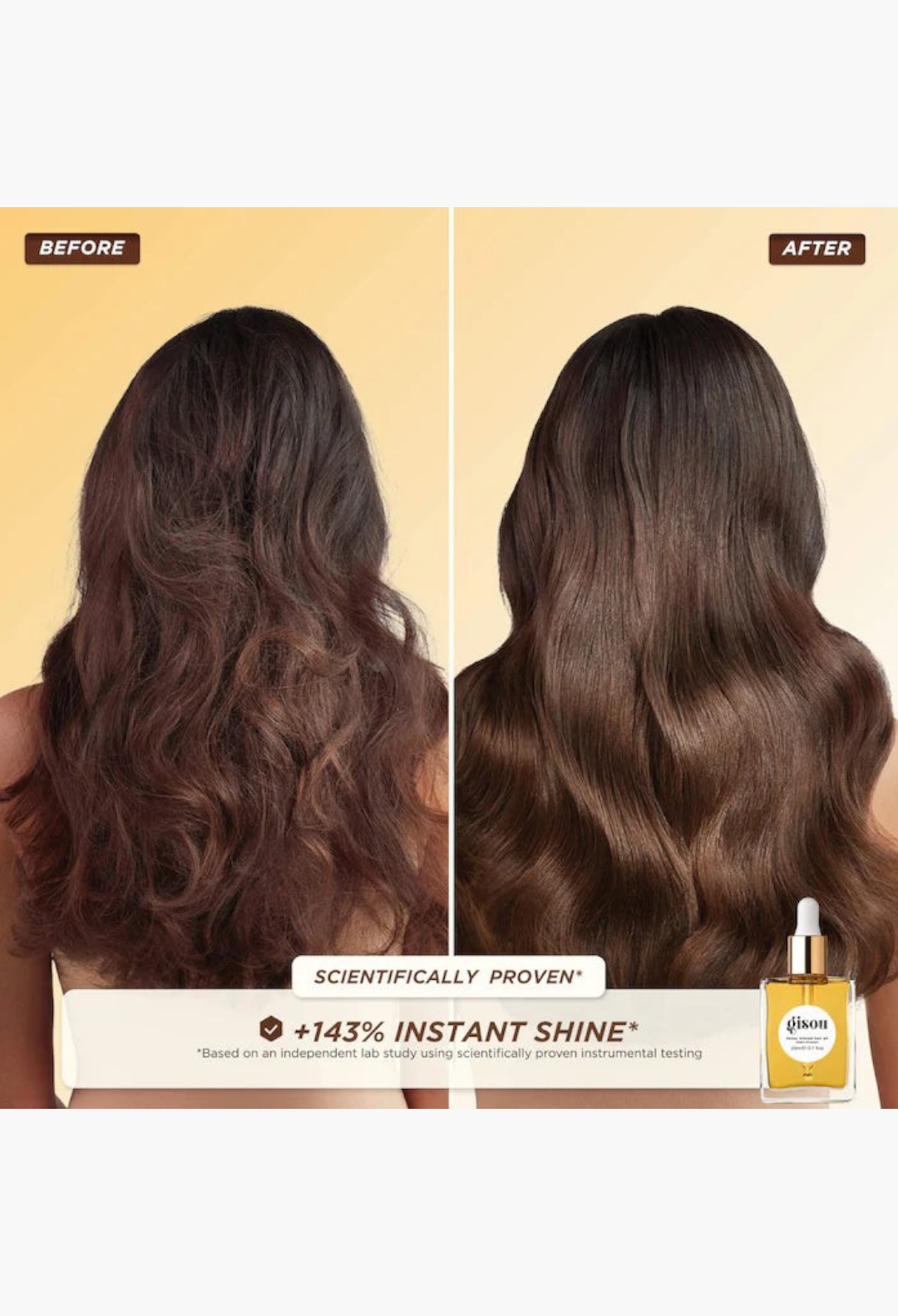 GLAM MODA before and after results showing smoother, shinier hair after using Gisou Honey Infused Hair Oil treatment.