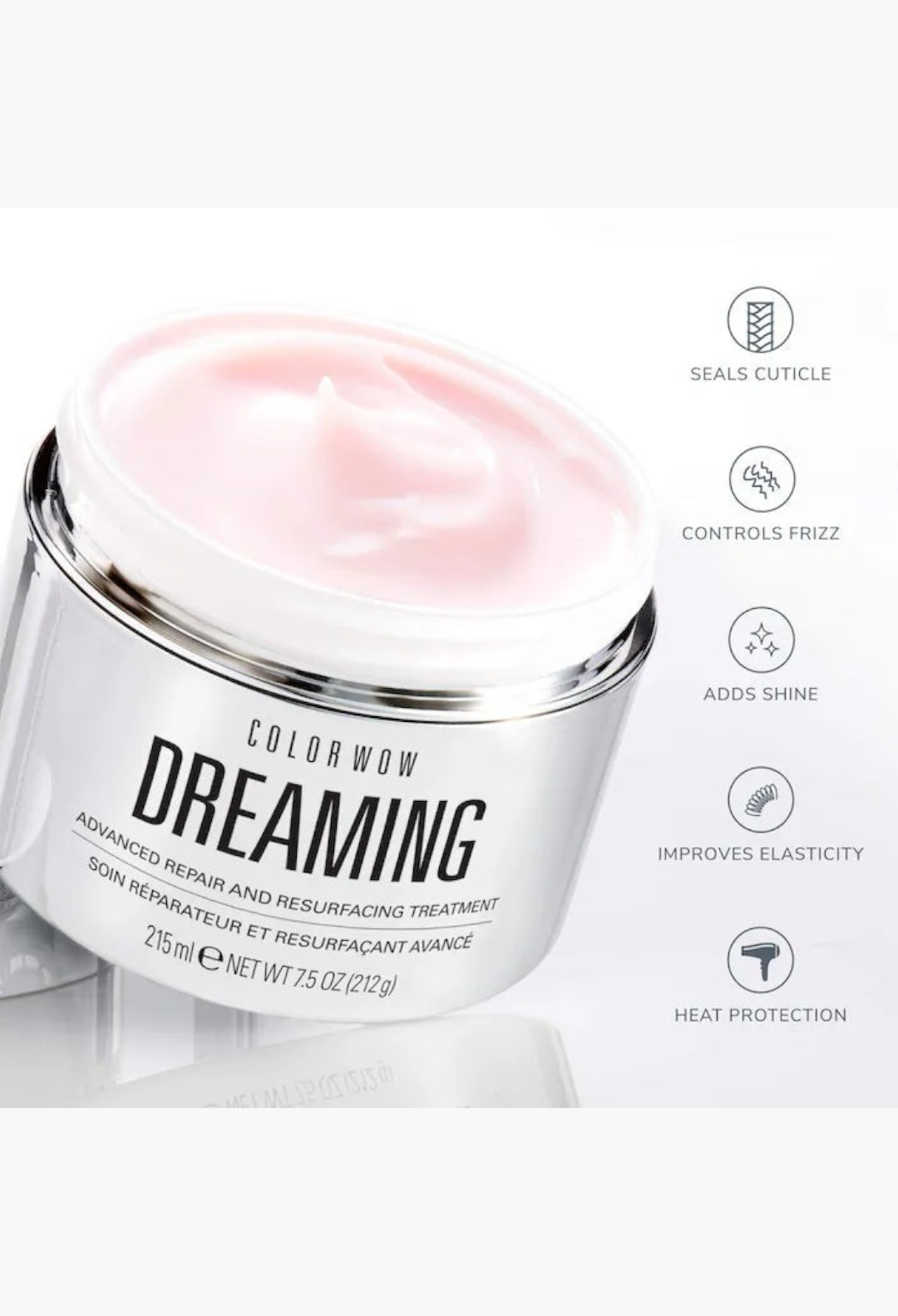 GLAM MODA Color Wow Dreaming hair mask in a silver jar with light pink cream, featuring benefits icons on the side.