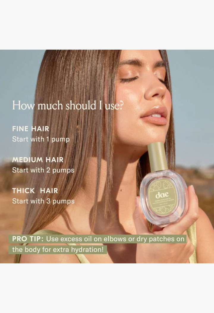 GLAM MODA model holding a bottle of Dae Prickly Pear Hair Oil with text overlay explaining usage instructions