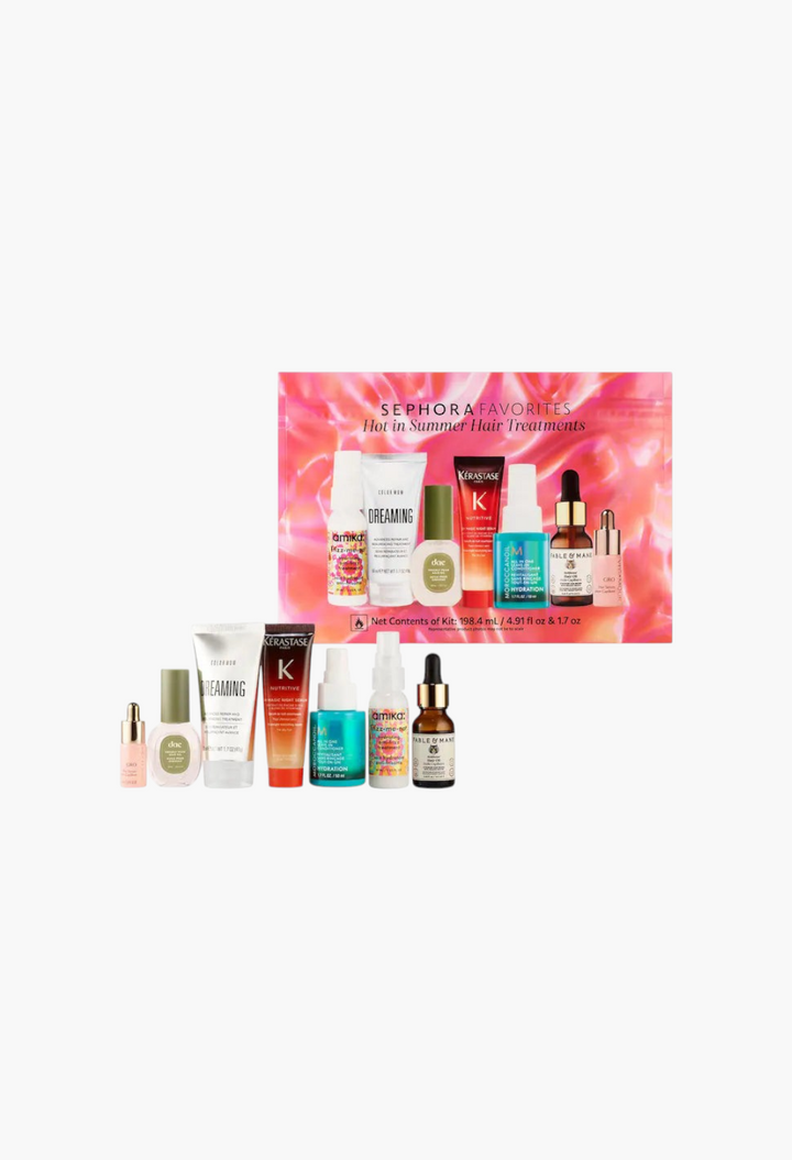 GLAM MODA Hot in Summer Hair Treatments kit featuring seven travel-sized hair oils, serums, and masks in a pink pouch.