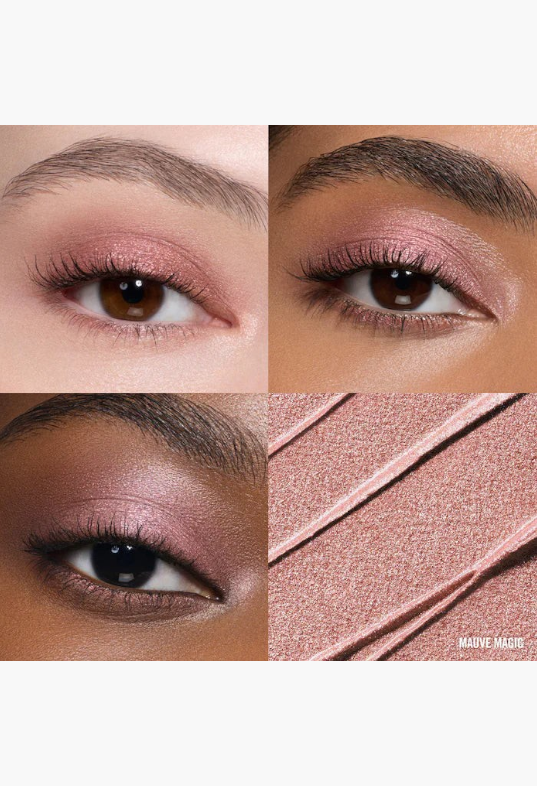GLAM MODA long-wear cream eyeshadow in Mauve Magic with a soft shimmer finish applied on different skin tones