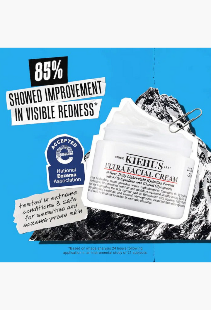GLAM MODA Kiehl's Ultra Facial Cream jar with National Eczema Association seal and clinical improvement claim