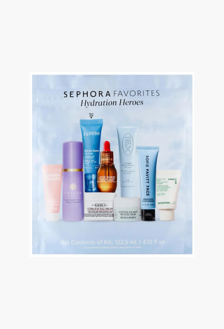 GLAM MODA Hydration Heroes skincare set featuring various mini moisturizers, facial creams, and a lip balm.