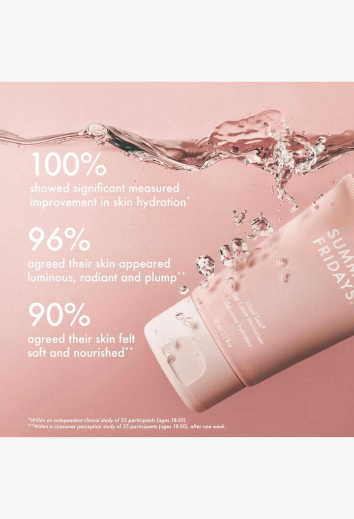 GLAM MODA Summer Fridays Cloud Dew gel cream moisturizer tube with clinical study results on a pink background