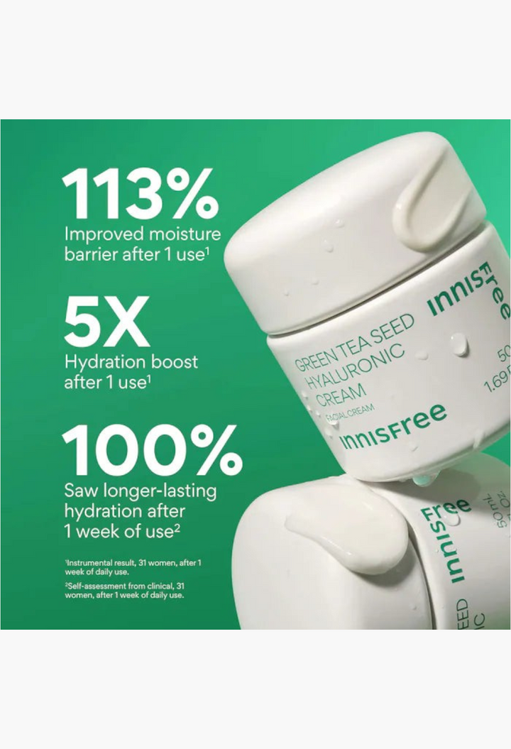 GLAM MODA Hydration Heroes set featuring Innisfree Green Tea Seed Hyaluronic Cream jars with moisture benefit text