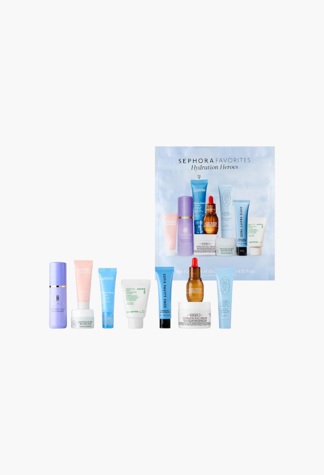 GLAM MODA Hydration Heroes skincare set featuring various mini moisturizers, facial creams, and a lip balm.