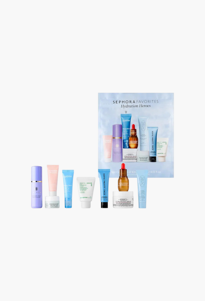 GLAM MODA Hydration Heroes skincare set featuring various mini moisturizers, facial creams, and a lip balm.