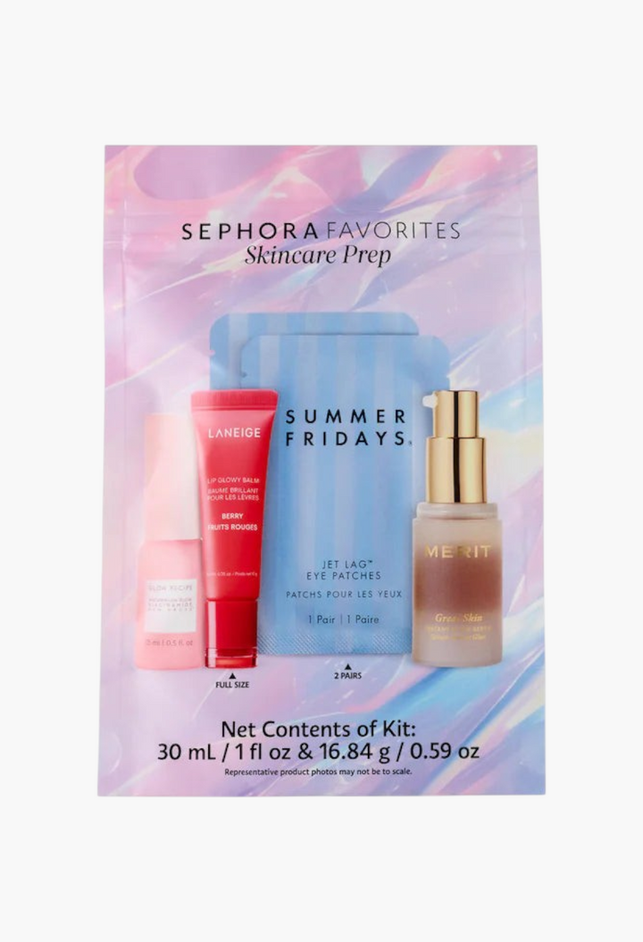 GLAM MODA Skincare Prep Set featuring Glow Recipe serum, Merit serum, Summer Fridays eye patches, and Laneige balm.