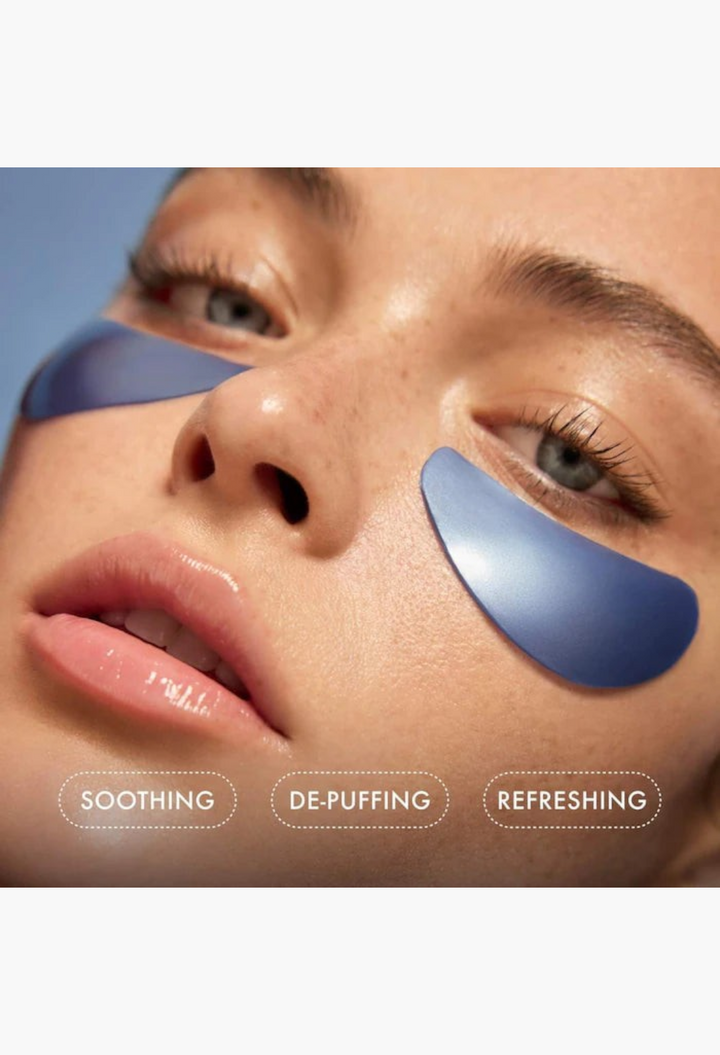 GLAM MODA skincare prep set featuring blue Summer Fridays eye patches on a model for a soothing and de-puffing effect