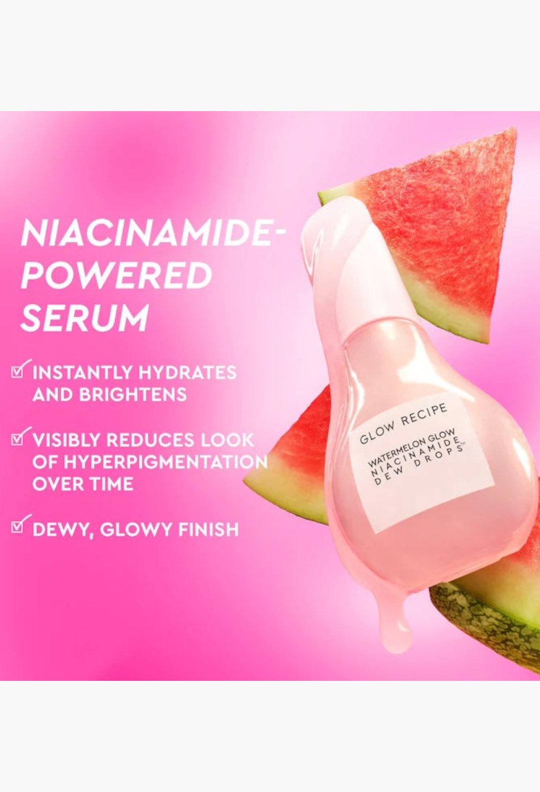 GLAM MODA Glow Recipe Watermelon Glow Niacinamide Dew Drops serum bottle with fresh watermelon slices on pink background
