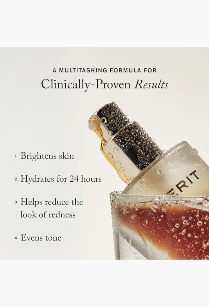 GLAM MODA Merit Great Skin Instant Glow Serum bottle with water droplets, highlighting skin brightening benefits.
