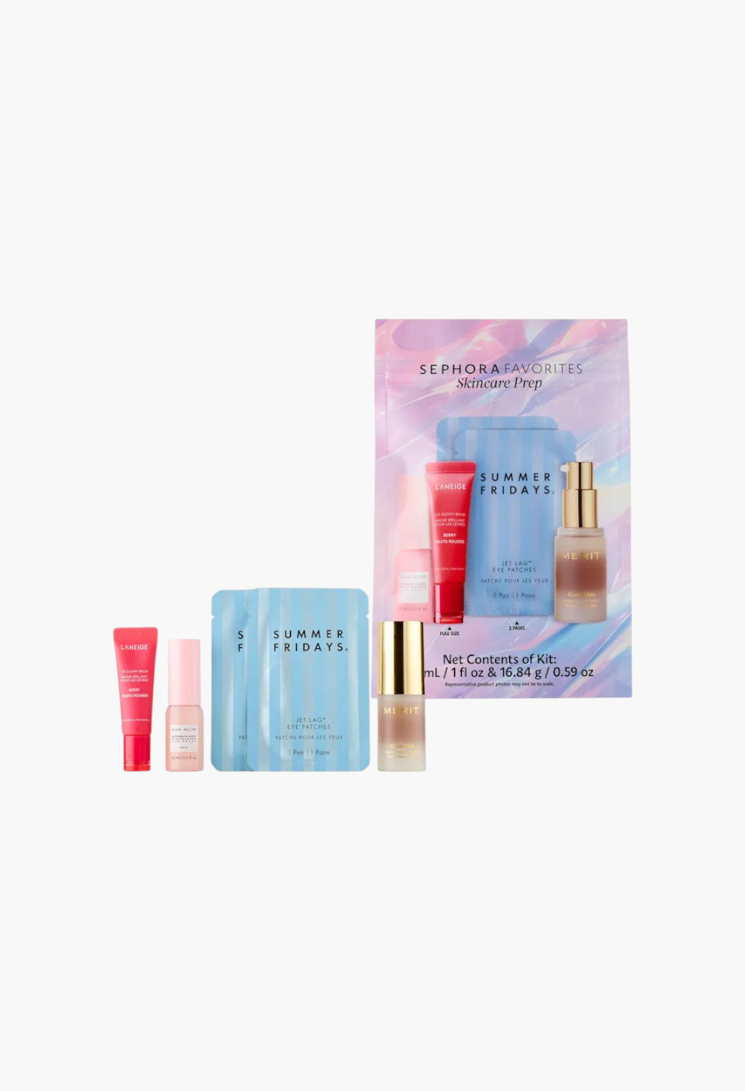 GLAM MODA Skincare Prep Set featuring Merit serum, Glow Recipe drops, Laneige lip balm, and Summer Fridays eye patches.