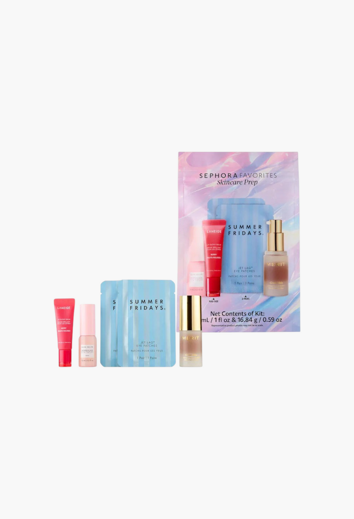 GLAM MODA Skincare Prep Set featuring Merit serum, Glow Recipe drops, Laneige lip balm, and Summer Fridays eye patches.
