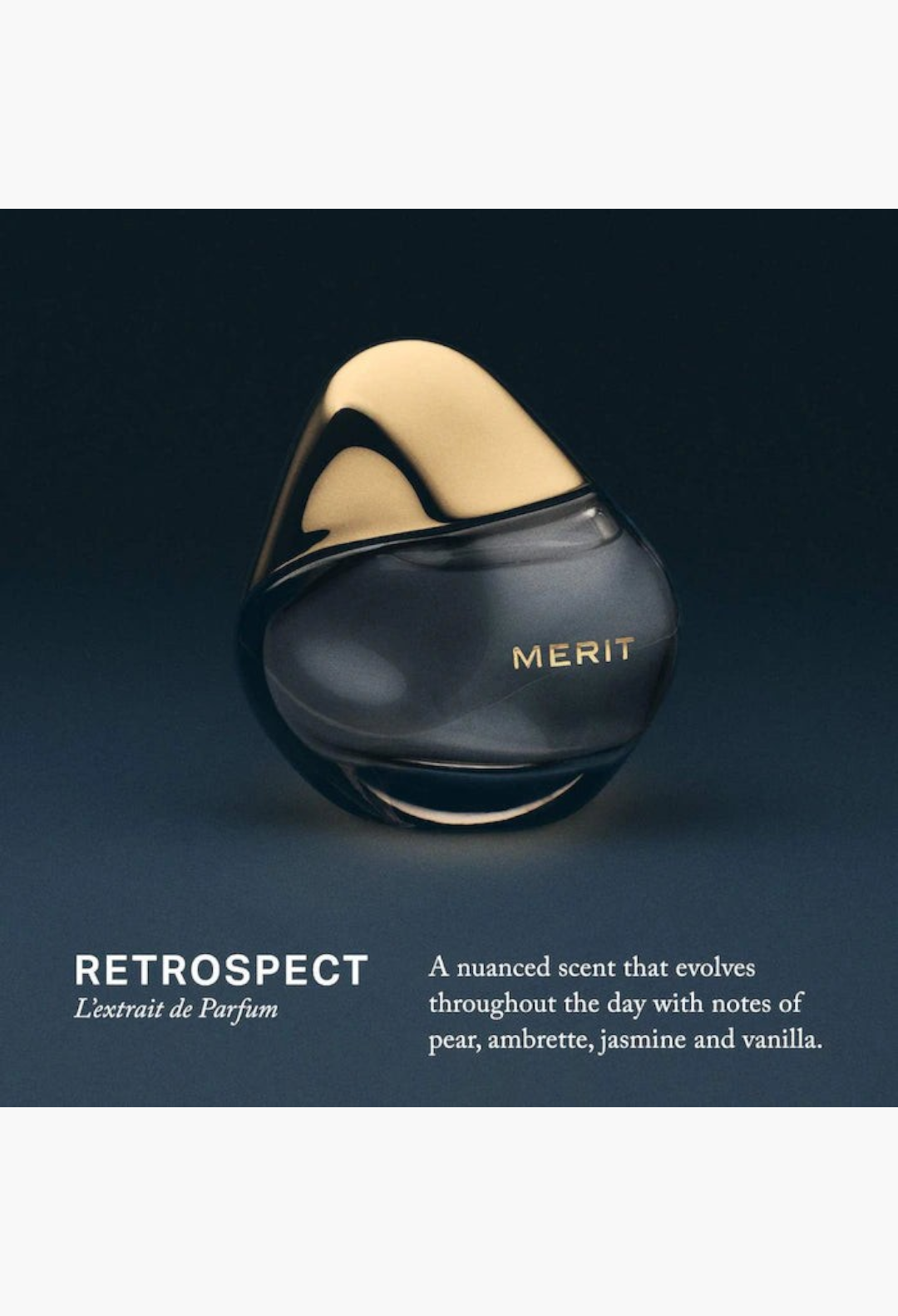 GLAM MODA Merit Retrospect L’Extrait de Parfum sample vial with a unique sculptural gold cap and dark glass bottle.