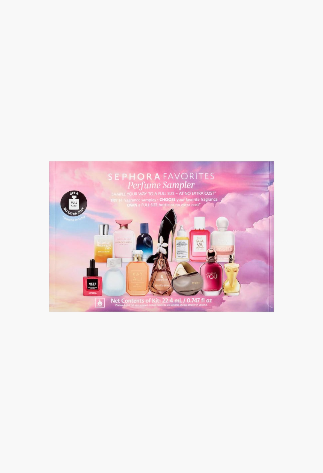 GLAM MODA Sephora Favorites Golden Hour perfume sampler set featuring 14 diverse fragrance bottles against a sunset sky
