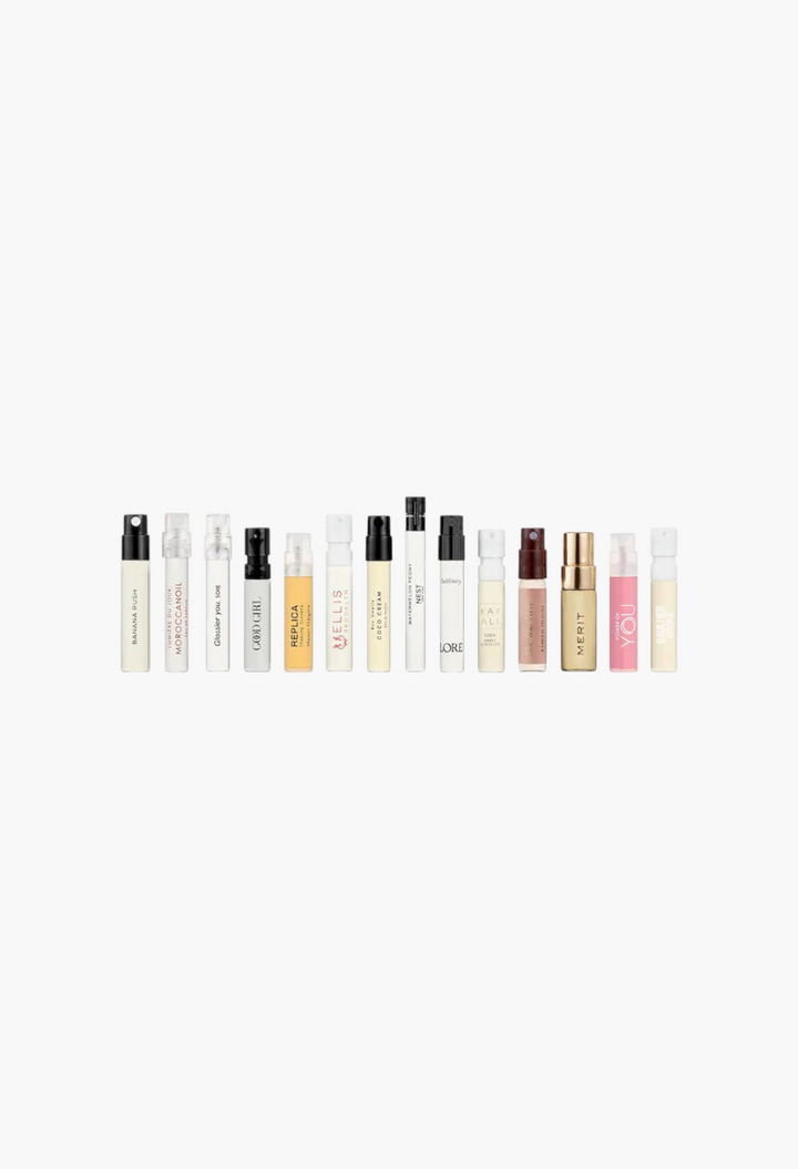GLAM MODA Golden Hour perfume sampler set featuring 14 assorted luxury fragrance vials with a redeemable voucher.