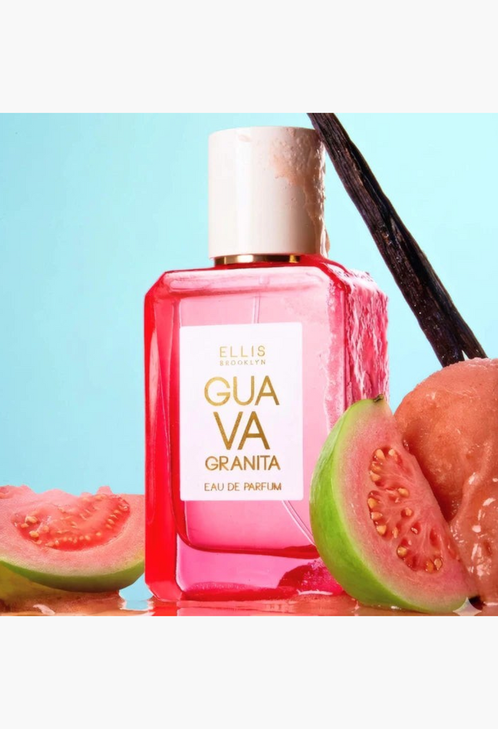 GLAM MODA Ellis Brooklyn Guava Granita perfume bottle in bright pink glass with fresh guava fruit and vanilla bean