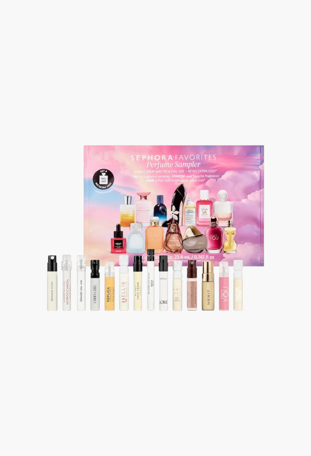 GLAM MODA Sephora Favorites perfume sampler set featuring 14 fragrance vials and a full-size redemption certificate.