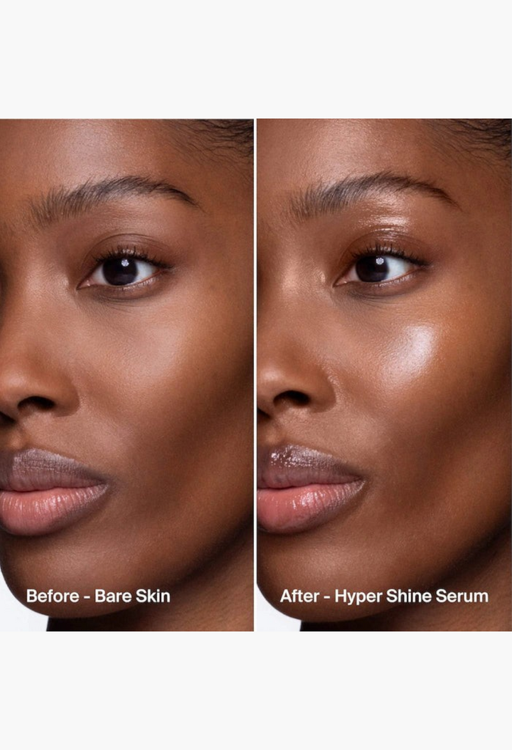 GLAM MODA Hyper Shine Glass Skin Makeup Mixing Serum applied to a model's cheekbone for a dewy luminous finish