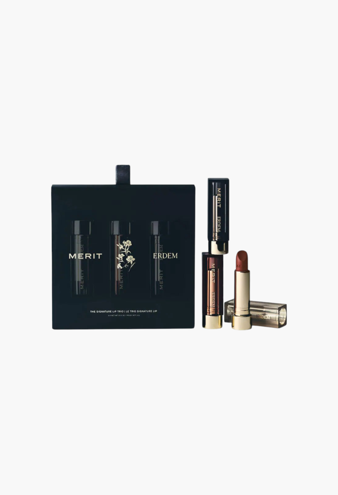 GLAM MODA MERIT x Erdem Signature Lip Gift Set featuring three lipsticks in a floral-designed black presentation box.