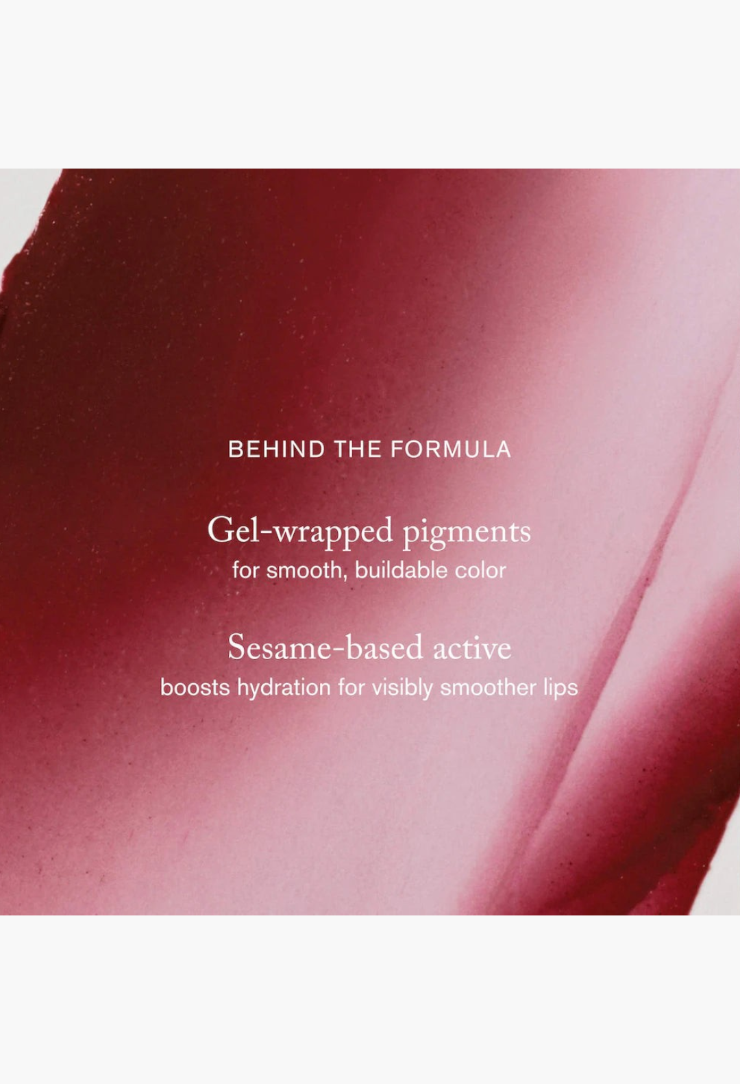 GLAM MODA MERIT x Erdem lipstick swatch showing deep burgundy pigment texture with smooth gel-wrapped finish