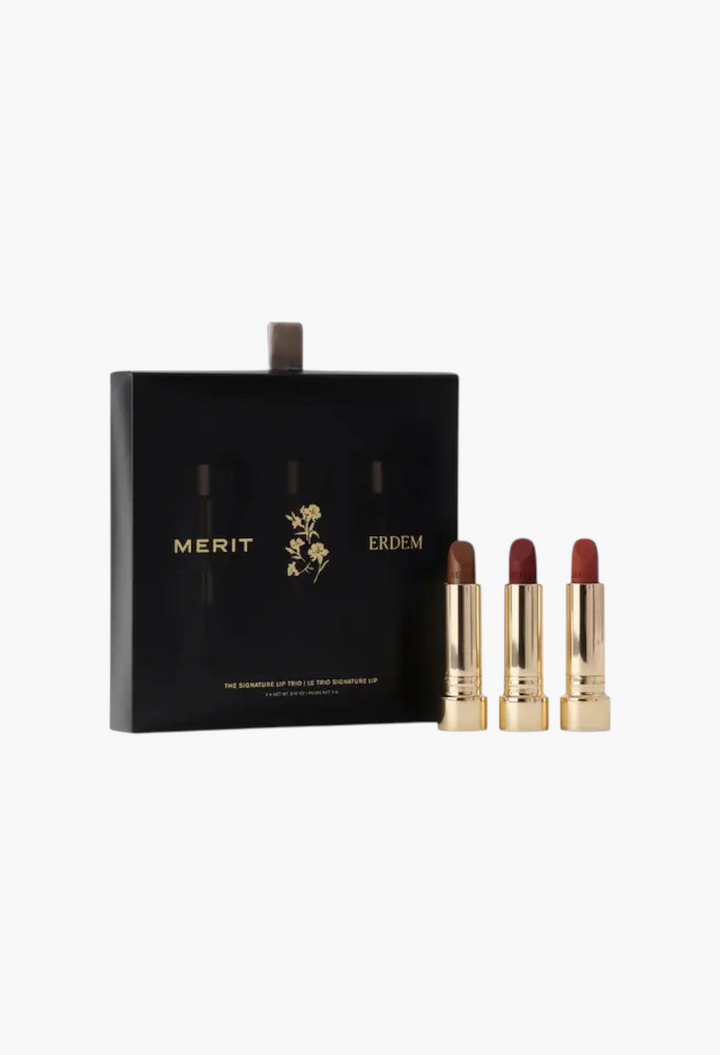 GLAM MODA MERIT x Erdem Signature Lip Gift Set featuring three lipsticks in gold tubes and a floral gift box.