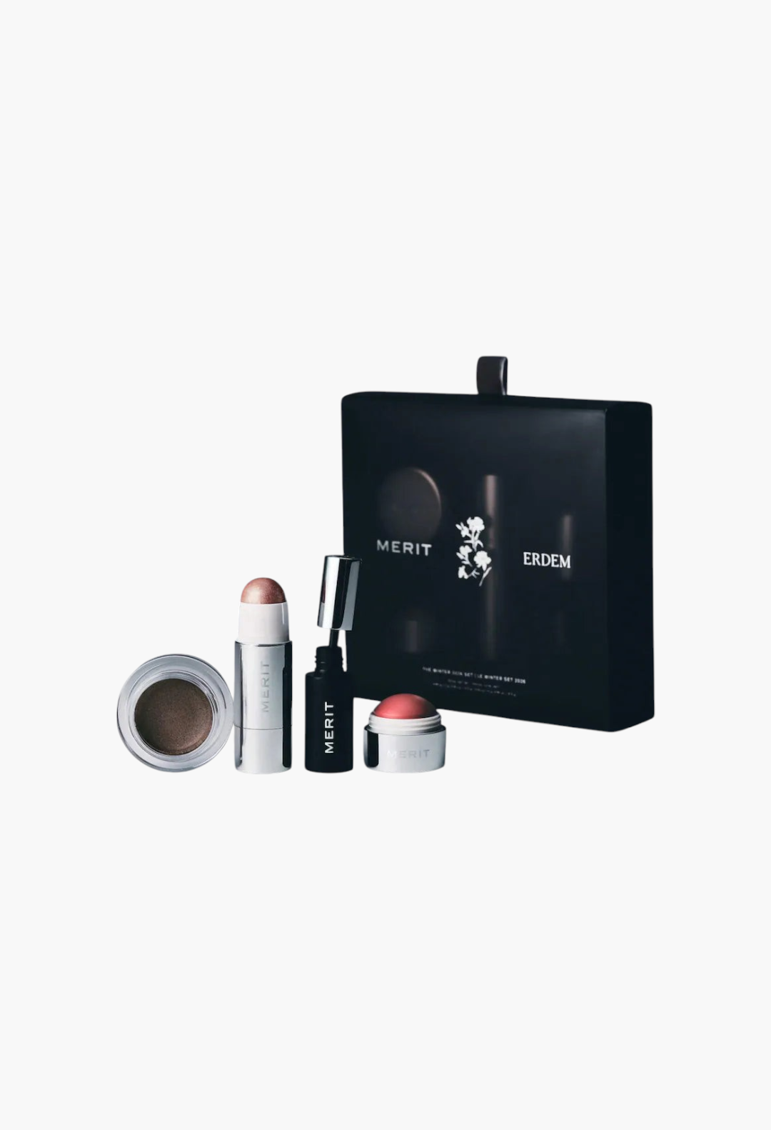 GLAM MODA MERIT x Erdem limited edition makeup gift set featuring cream blush, highlighter, eyeshadow, and mascara.