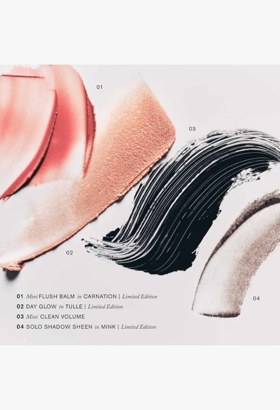 GLAM MODA MERIT x Erdem makeup swatches including pink blush, rose bronze highlighter, black mascara, and brown shadow