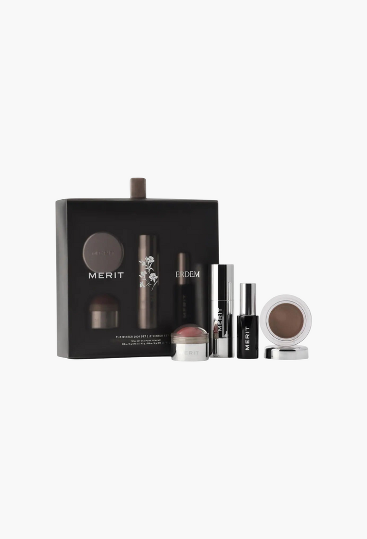 GLAM MODA MERIT x Erdem limited-edition makeup gift set featuring cheek, eye, and lash essentials in floral packaging.