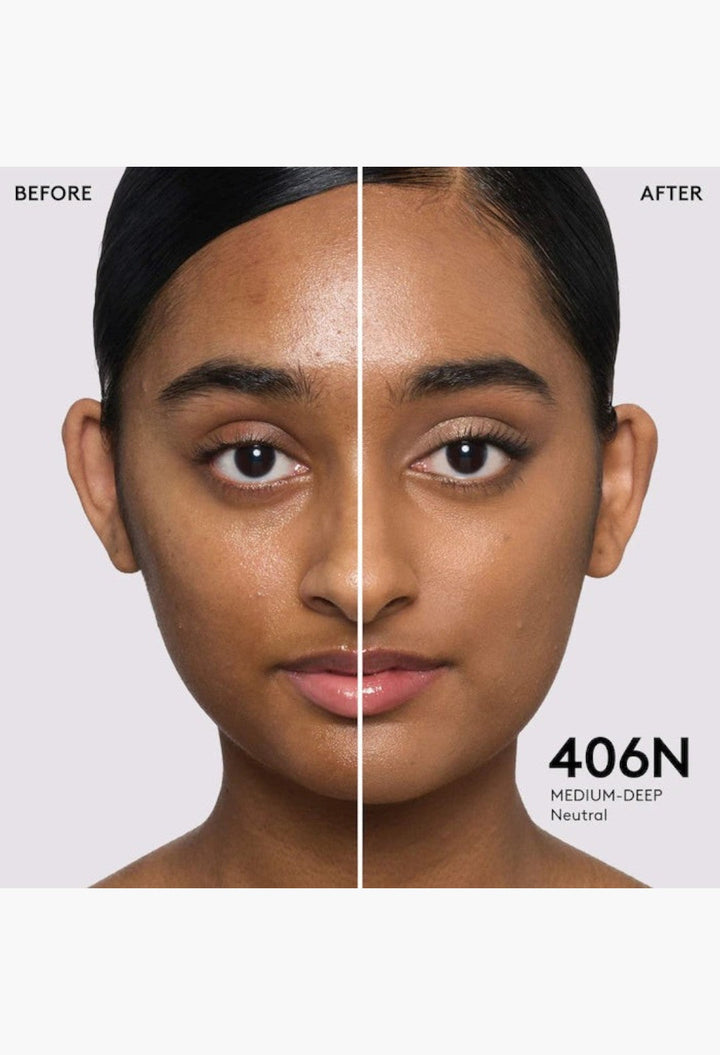 GLAM MODA Pro Filt'r foundation before and after application on a model showing medium-deep neutral 406N skin tone
