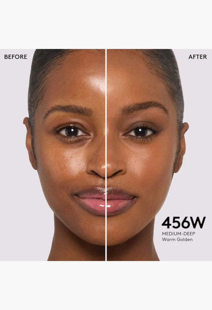 GLAM MODA Pro Filt'r foundation before and after application on a model showing medium-deep warm golden skin tone