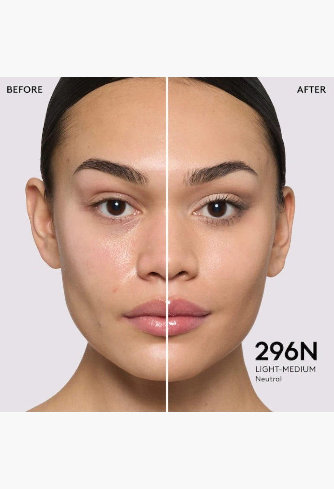 GLAM MODA Pro Filt'r Fluid Flex foundation before and after application on a model showing natural matte coverage