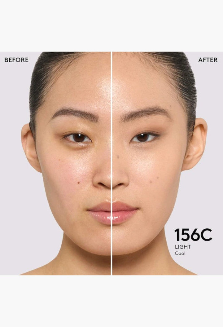 GLAM MODA Pro Filt'r foundation before and after application on a model showing natural matte medium coverage