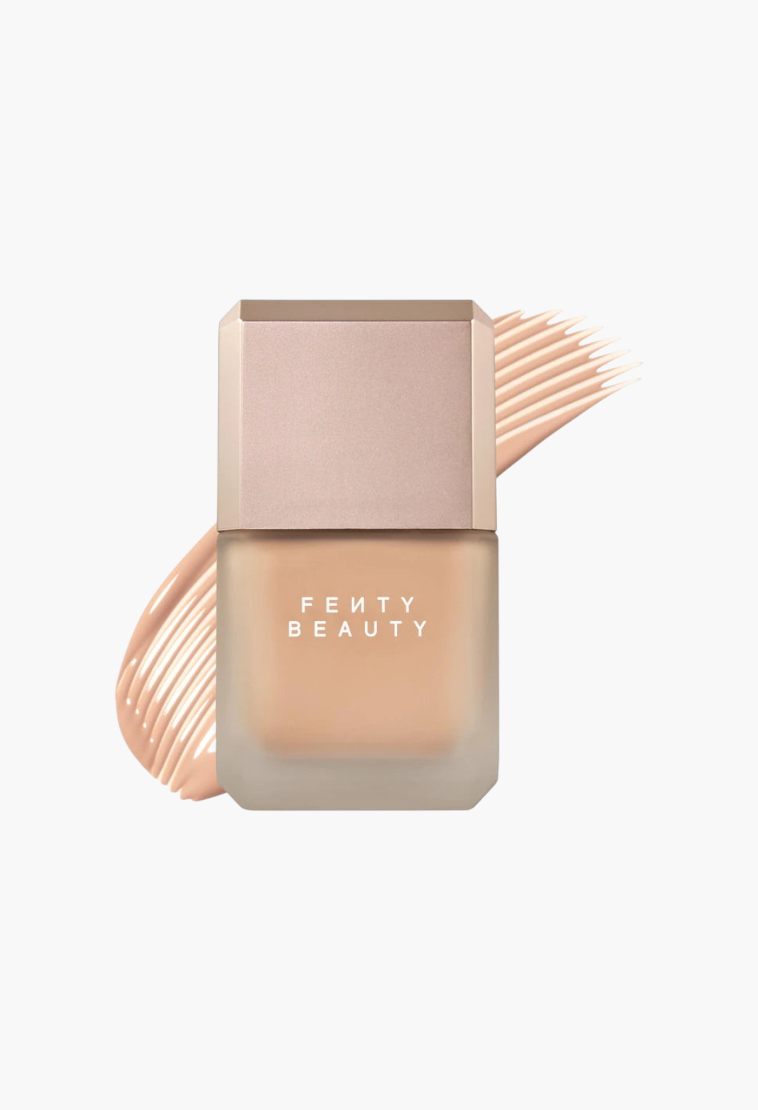 GLAM MODA Fenty Beauty Pro Filt'r liquid foundation in a frosted glass bottle with a metallic cap and product swatch