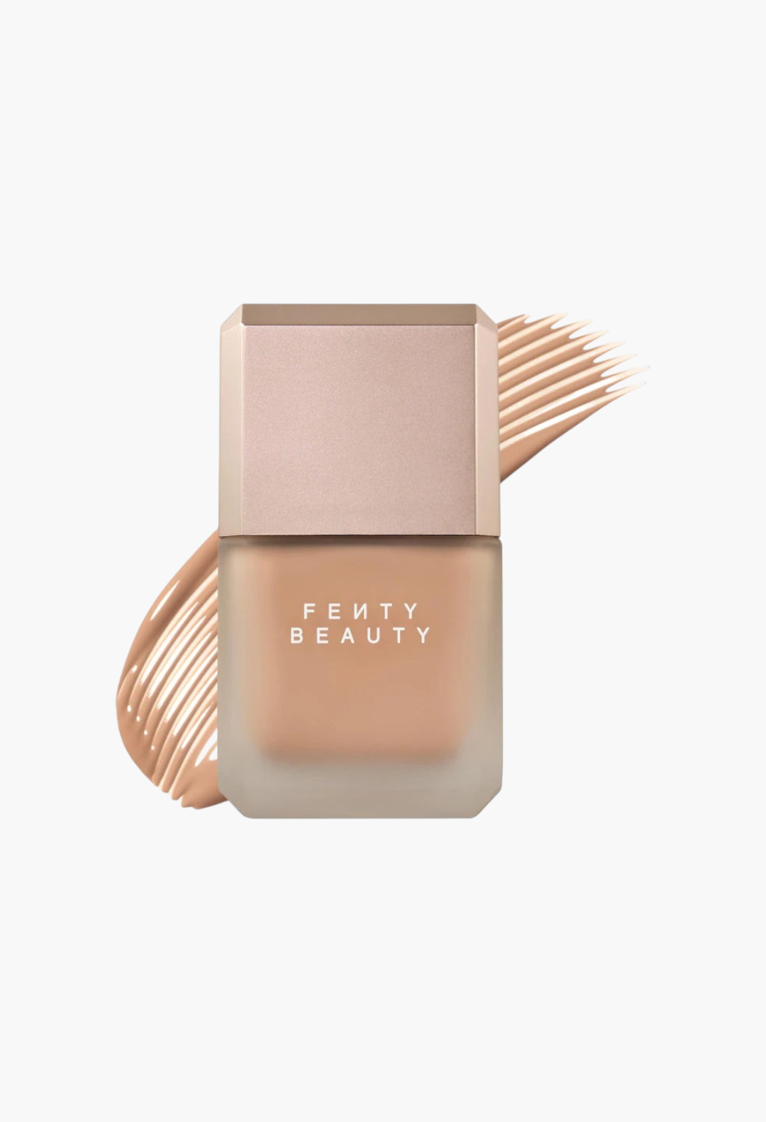 GLAM MODA Fenty Beauty Pro Filt'r liquid foundation in a frosted glass bottle with a beige cap and product swatch.