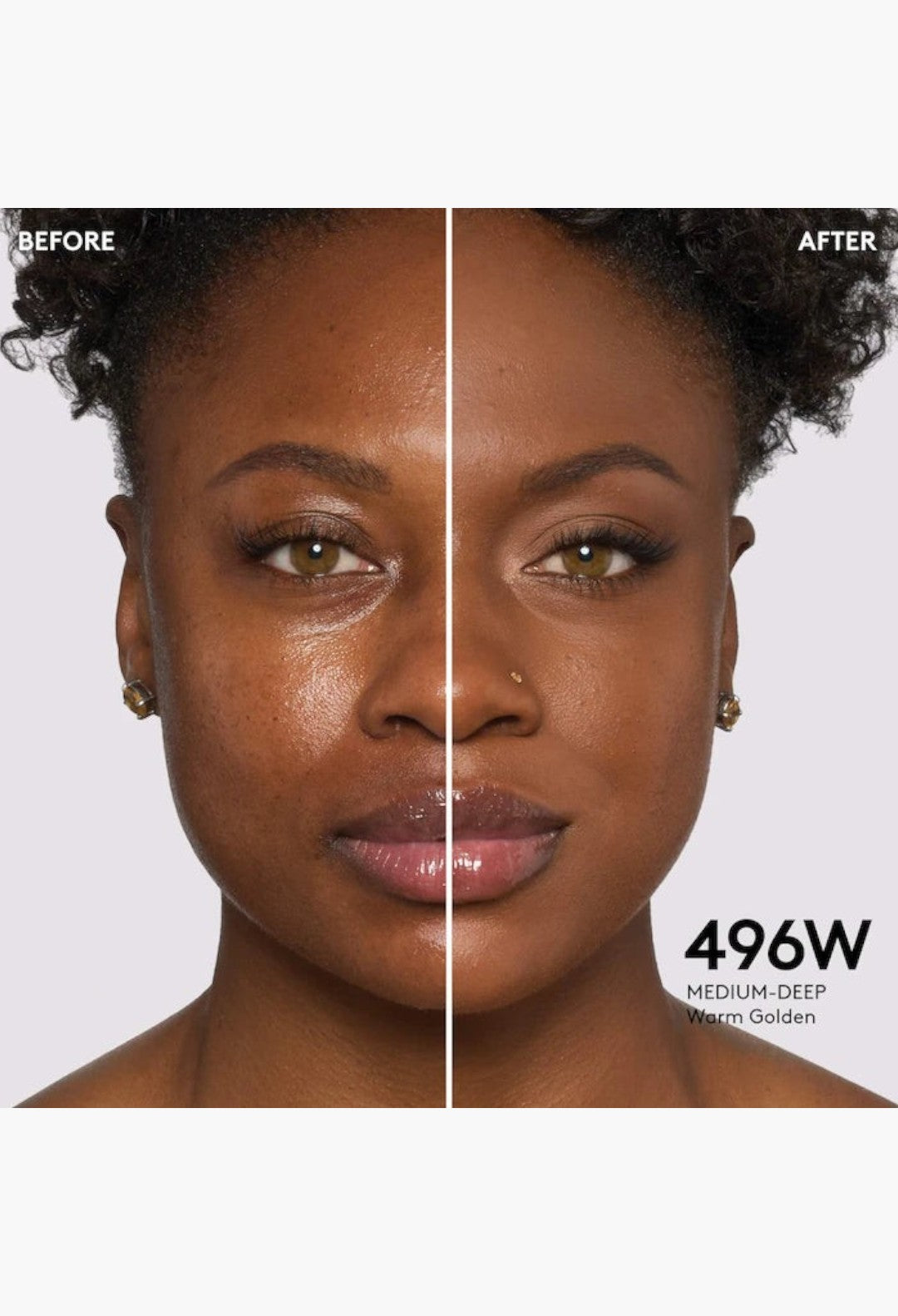 GLAM MODA Pro Filt'r foundation before and after application on a model with medium-deep warm golden skin tone.